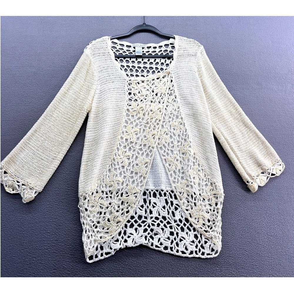 Alberto Makali Sweater Womens L Cream Gold Metallic Crochet Lace Open Cardigan